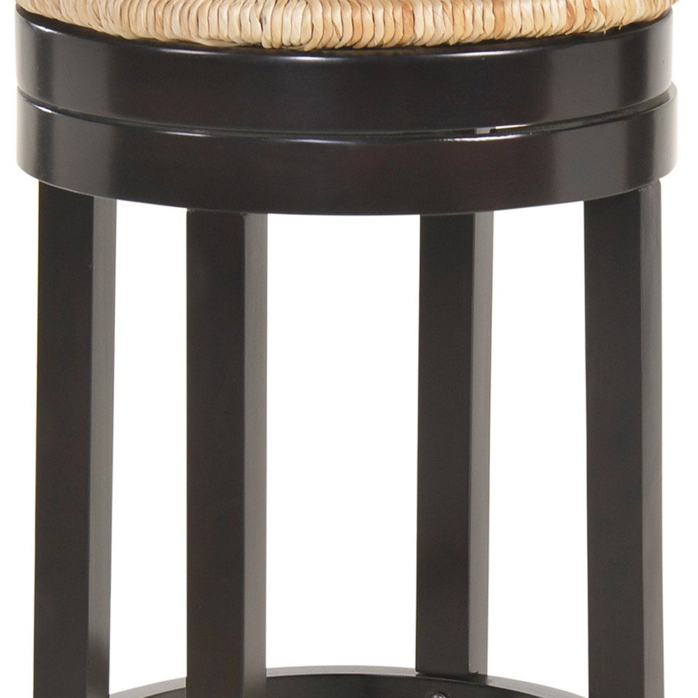 Natural and Espresso Rush and Solid Wood Backless Bar Height Swivel Bar Chair