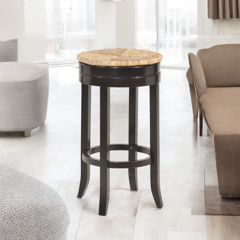 Natural and Espresso Rush and Solid Wood Backless Bar Height Swivel Bar Chair