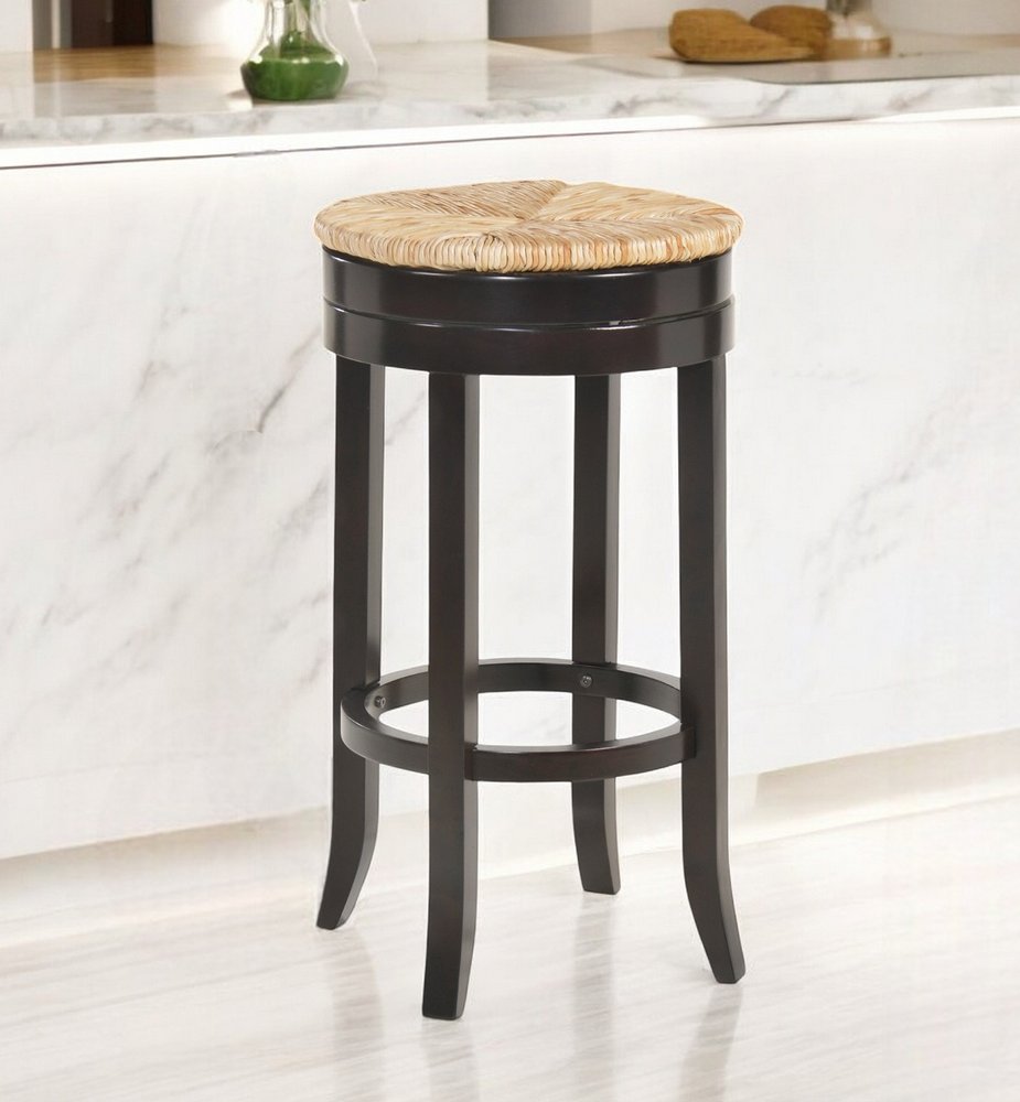 Natural and Espresso Rush and Solid Wood Backless Bar Height Swivel Bar Chair