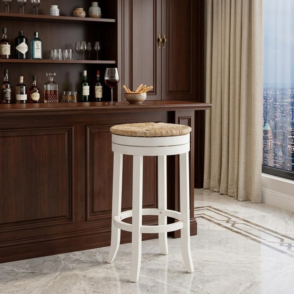 Natural and Antiqued White Solid Wood Swivel Backless Bar Height Bar Chair