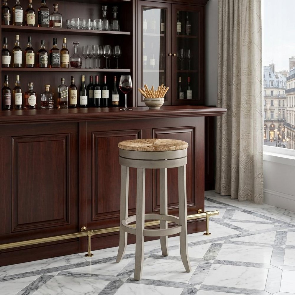 Natural and Gray Solid Wood Swivel Backless Bar Height Bar Chair