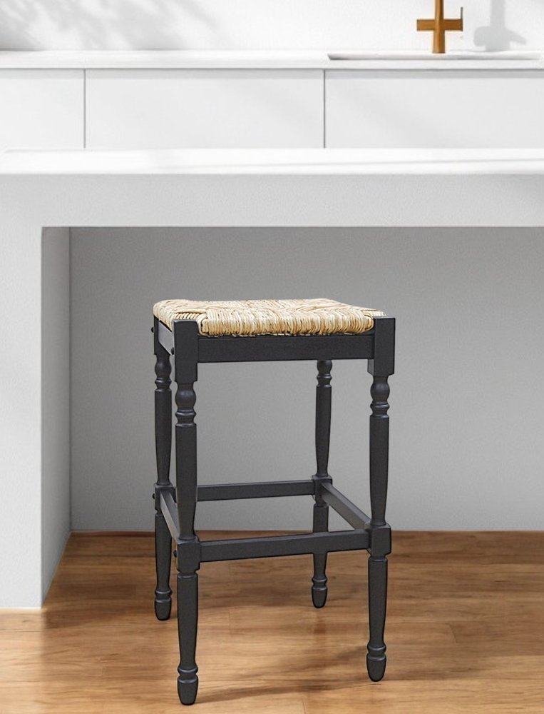 Natural and Black Solid Wood Backless Bar Height Bar Chair - 29-inch