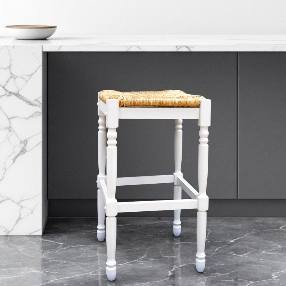 Natural and Antiqued White Solid Wood Backless Bar Height Bar Chair