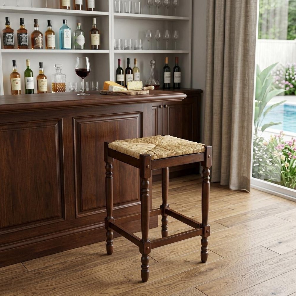 Natural and Chestnut Solid Wood Backless Bar Height Bar Chair