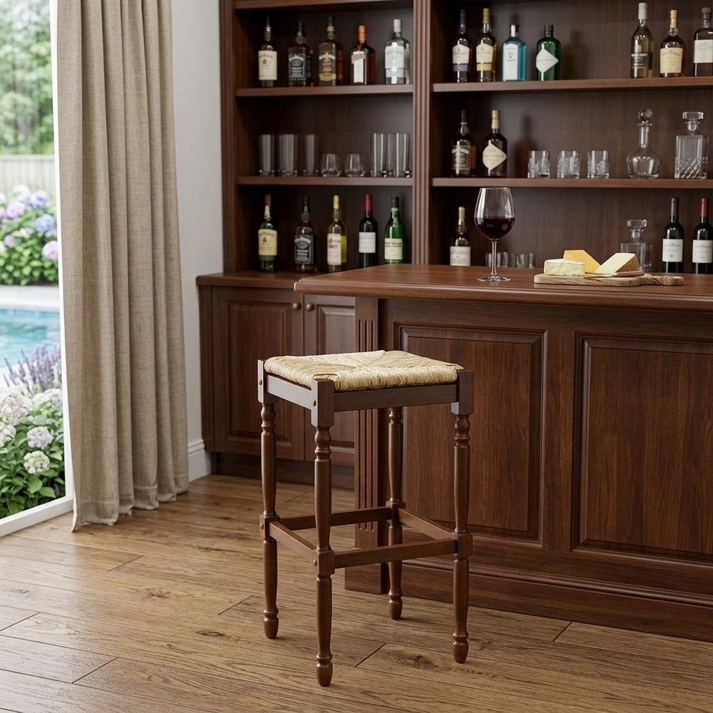 Natural and Brown Solid Wood Backless Bar Height Bar Chair - 29-inch