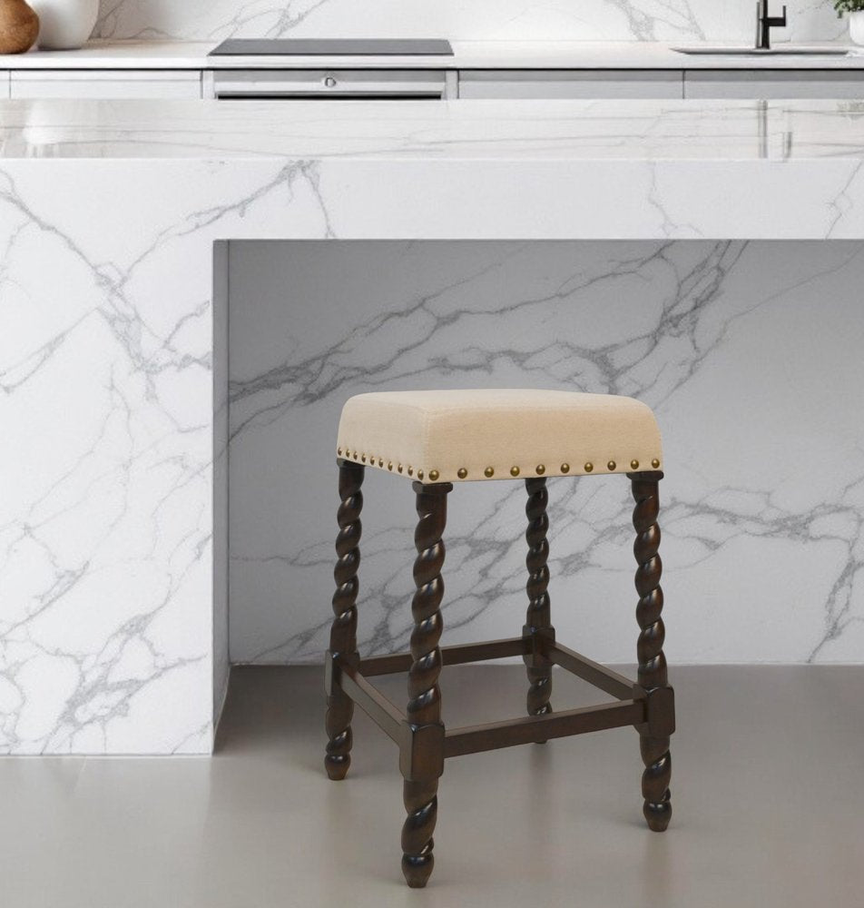 Cream and Espresso Solid Wood Backless Counter Height Bar Chair
