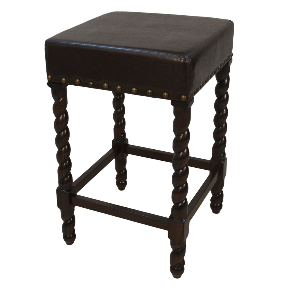 Black and Espresso Faux Leather and Solid Wood Backless Counter Height Bar Chair
