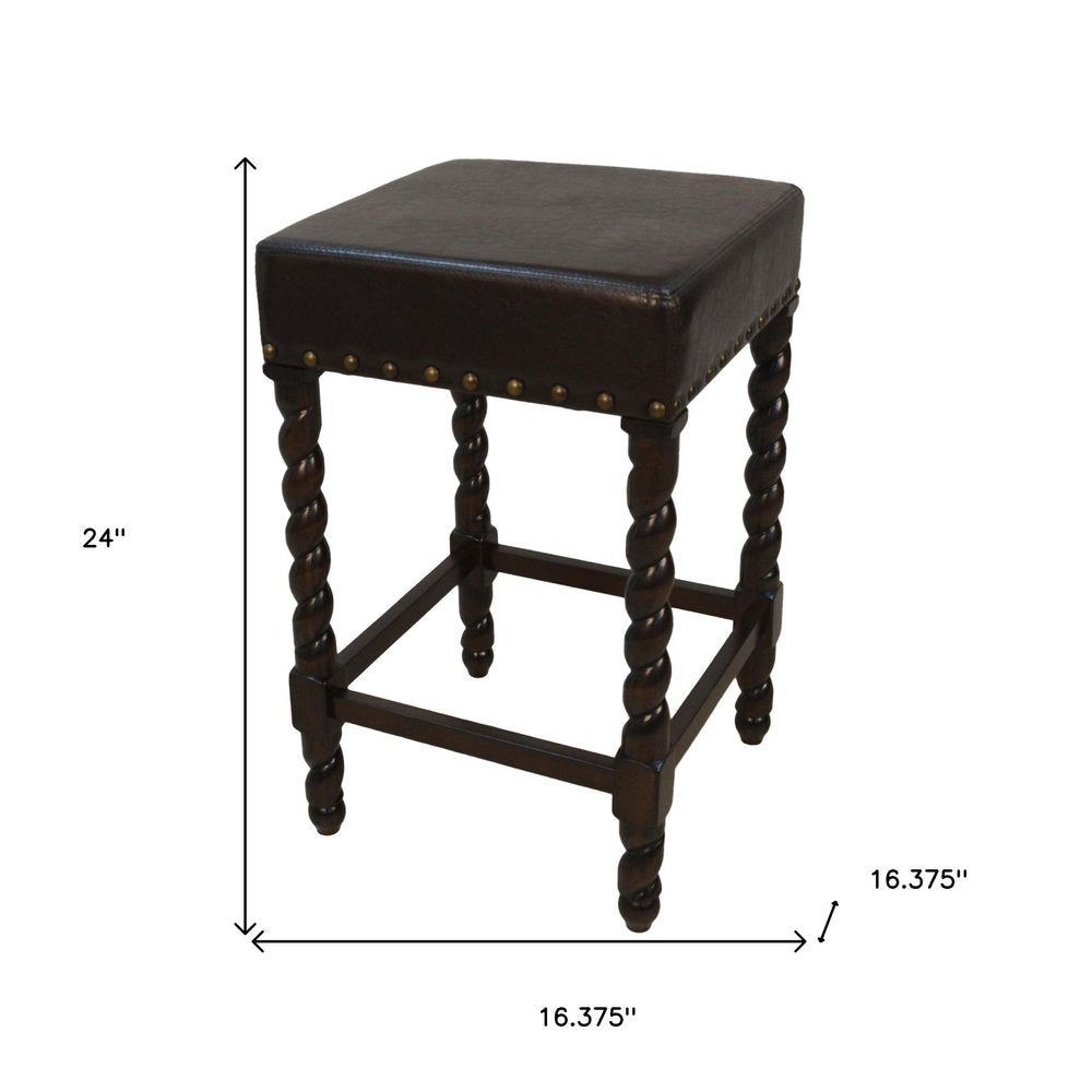 Black and Espresso Faux Leather and Solid Wood Backless Counter Height Bar Chair