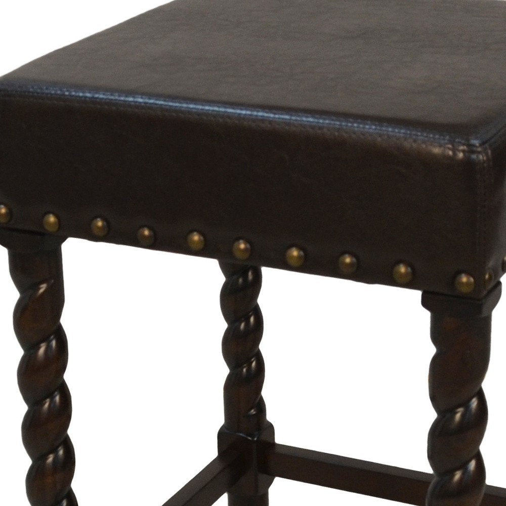 Black and Espresso Faux Leather and Solid Wood Backless Counter Height Bar Chair