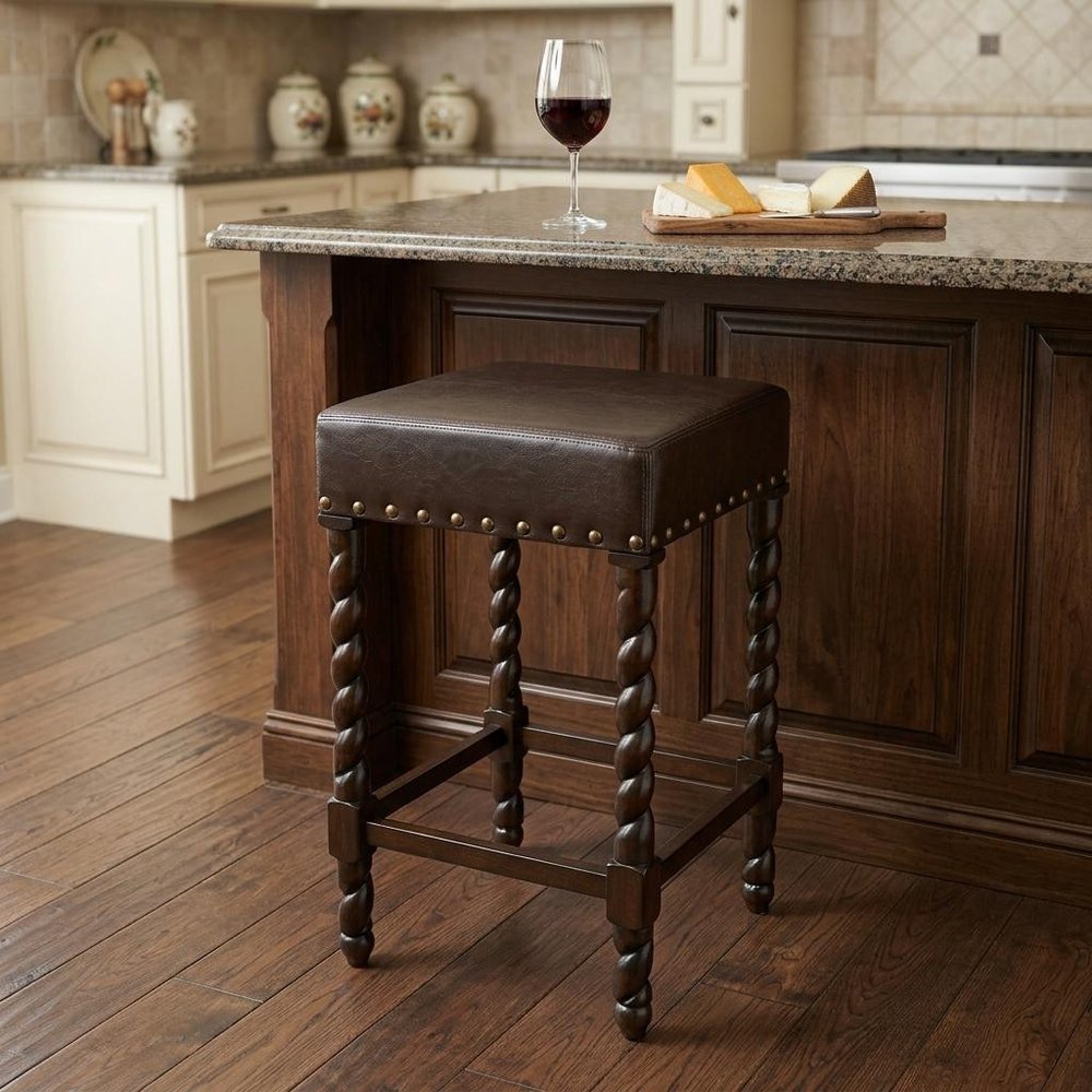 Black and Espresso Faux Leather and Solid Wood Backless Counter Height Bar Chair