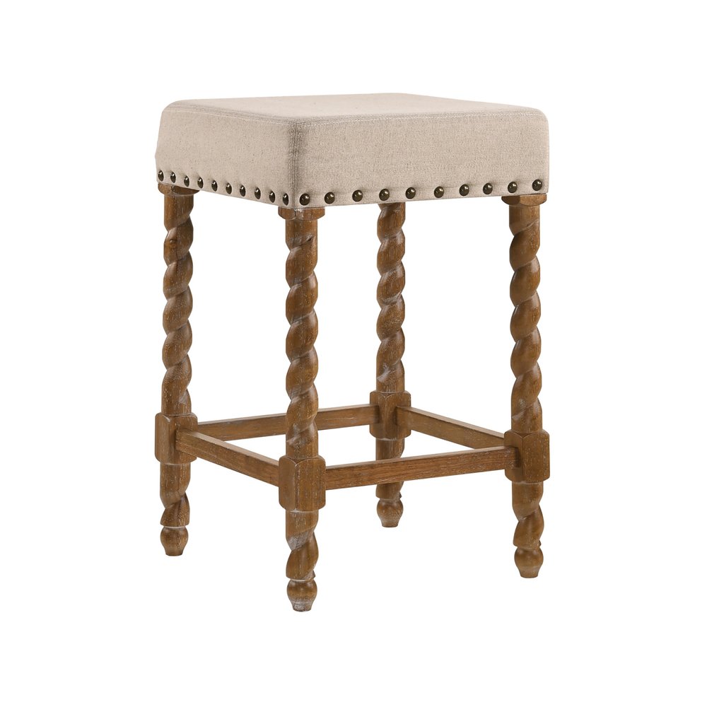 Cream and Natural Faux Leather and Solid Wood Backless Counter Height Bar Chair