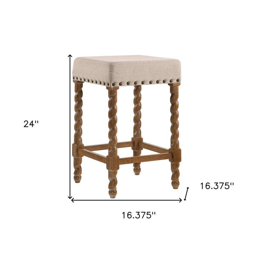Cream and Natural Faux Leather and Solid Wood Backless Counter Height Bar Chair