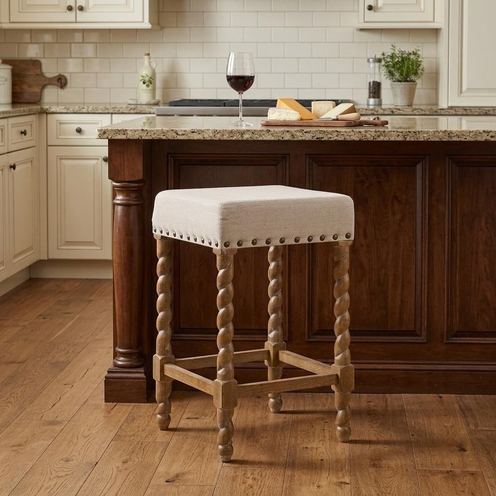Cream and Natural Faux Leather and Solid Wood Backless Counter Height Bar Chair