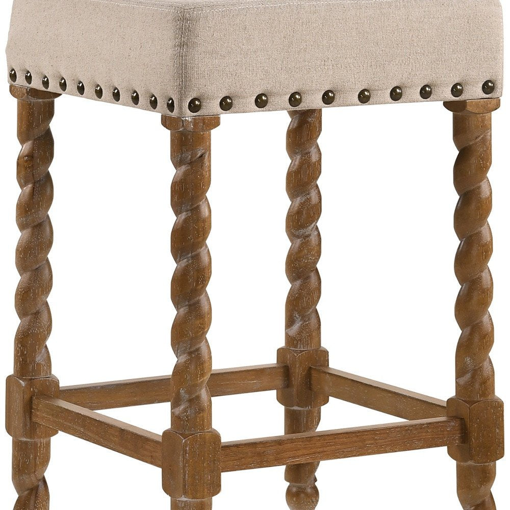 Cream and Natural Faux Leather and Solid Wood Backless Counter Height Bar Chair