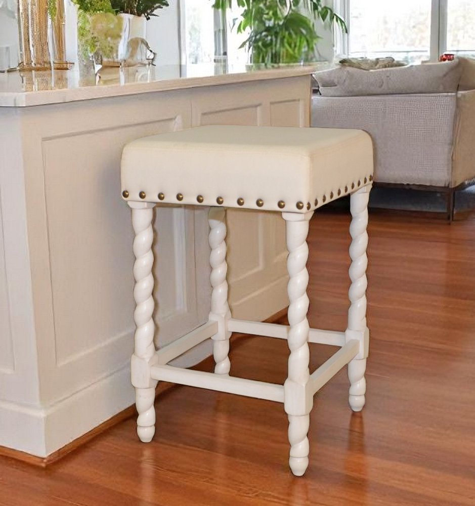 Cream and White Solid Wood Backless Counter Height Bar Chair - 24-inch