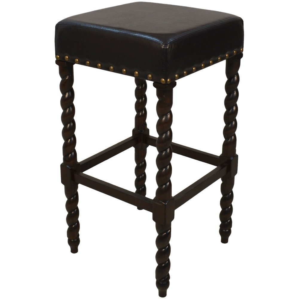 Black and Espresso Faux Leather and Solid Wood Backless Bar Height Bar Chair