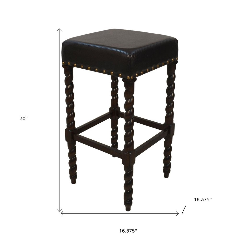 Black and Espresso Faux Leather and Solid Wood Backless Bar Height Bar Chair