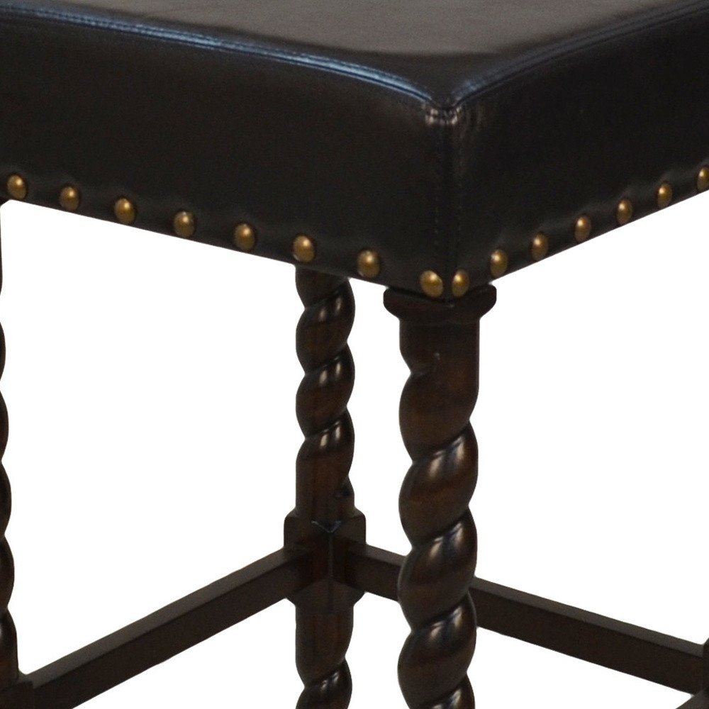 Black and Espresso Faux Leather and Solid Wood Backless Bar Height Bar Chair