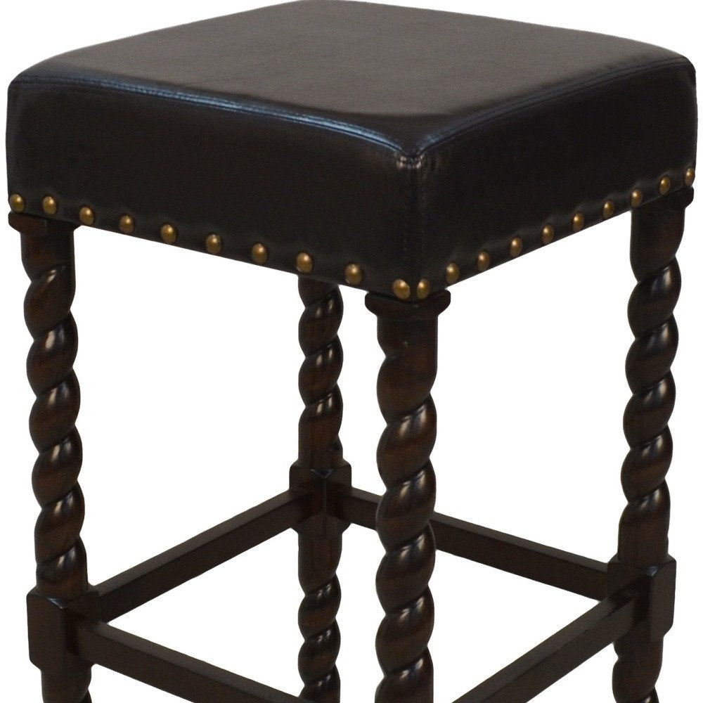 Black and Espresso Faux Leather and Solid Wood Backless Bar Height Bar Chair