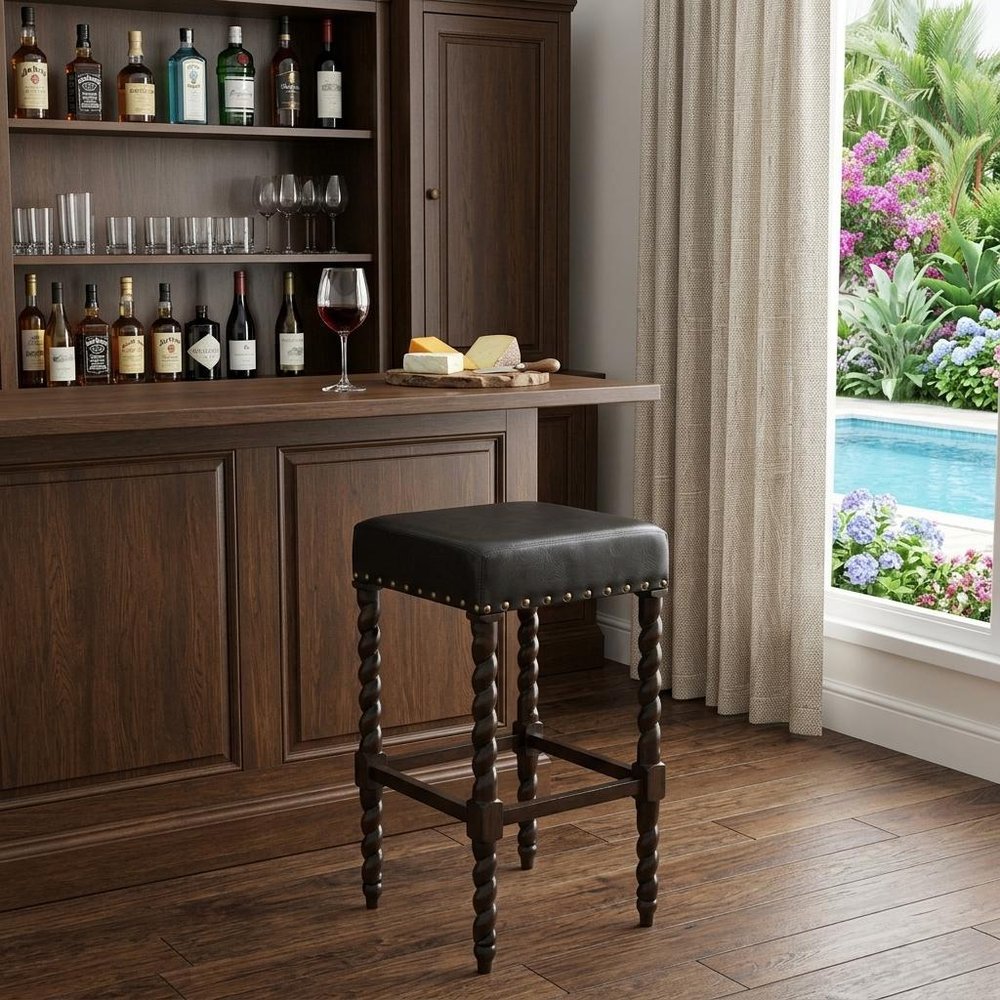 Black and Espresso Faux Leather and Solid Wood Backless Bar Height Bar Chair
