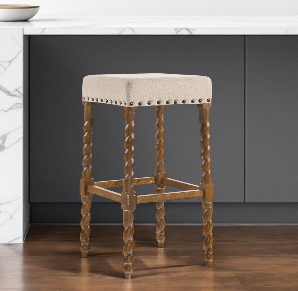 Cream and Natural Solid Wood Backless Bar Height Bar Chair - 30-inch