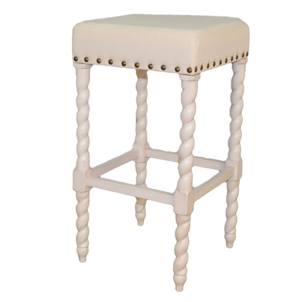 Cream and Vanilla Linen Upholstered Solid Wood Backless Bar Chair