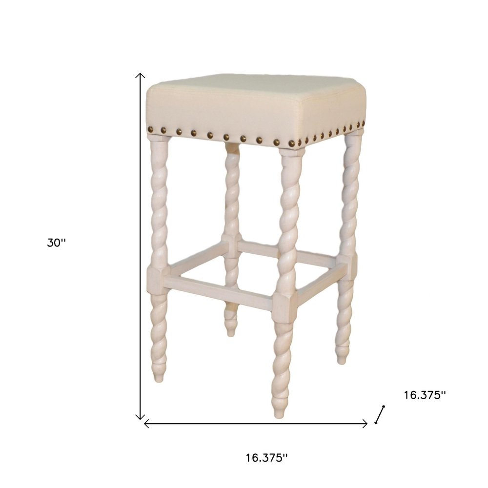 Cream and Vanilla Linen Upholstered Solid Wood Backless Bar Chair
