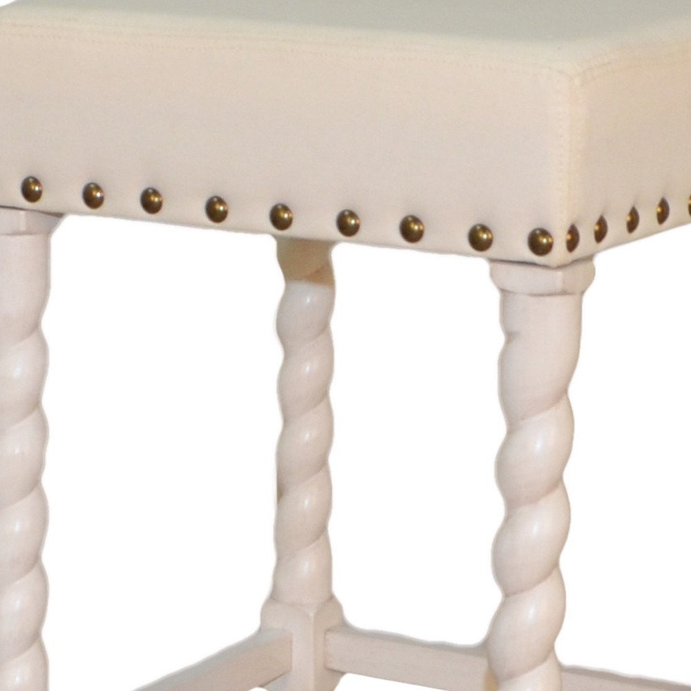 Cream and Vanilla Linen Upholstered Solid Wood Backless Bar Chair