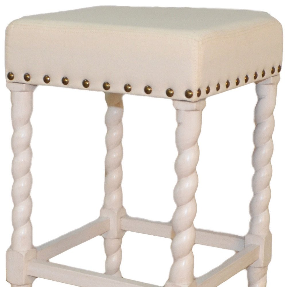 Cream and Vanilla Linen Upholstered Solid Wood Backless Bar Chair