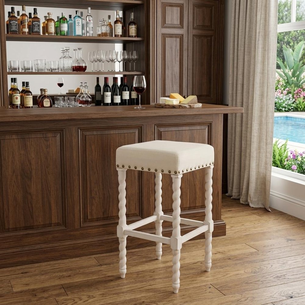 Cream and Vanilla Linen Upholstered Solid Wood Backless Bar Chair