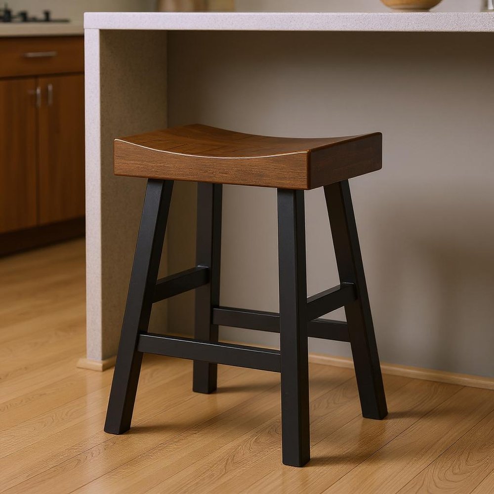 Brown and Black Solid Wood Backless Counter Height Bar Chair - 25-inch