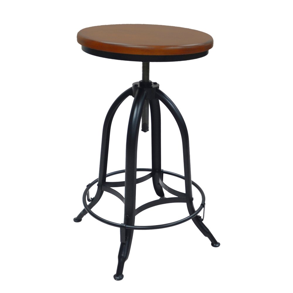 Chestnut and Black Steel Swivel Backless Adjustable Height Bar Chair
