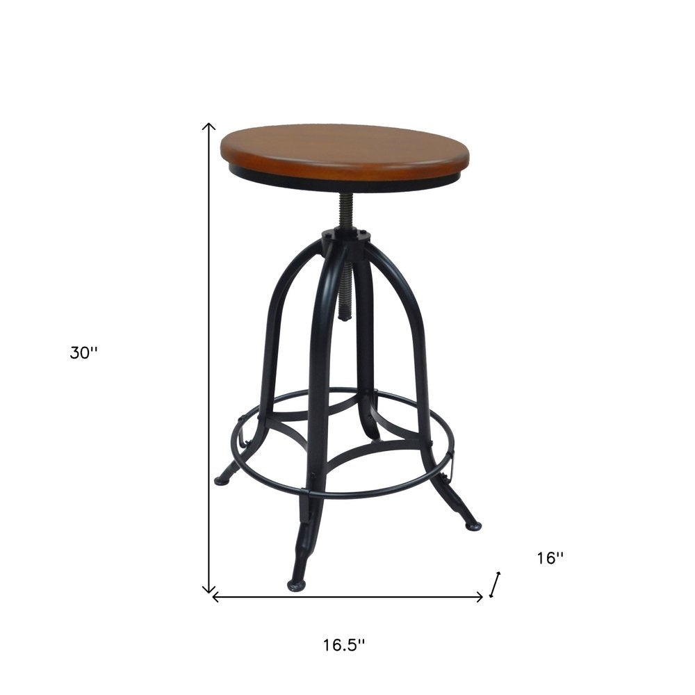 Chestnut and Black Steel Swivel Backless Adjustable Height Bar Chair