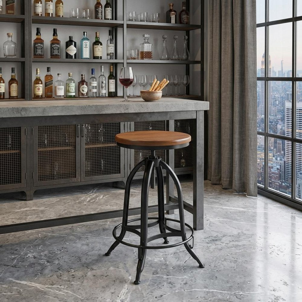 Chestnut and Black Steel Swivel Backless Adjustable Height Bar Chair