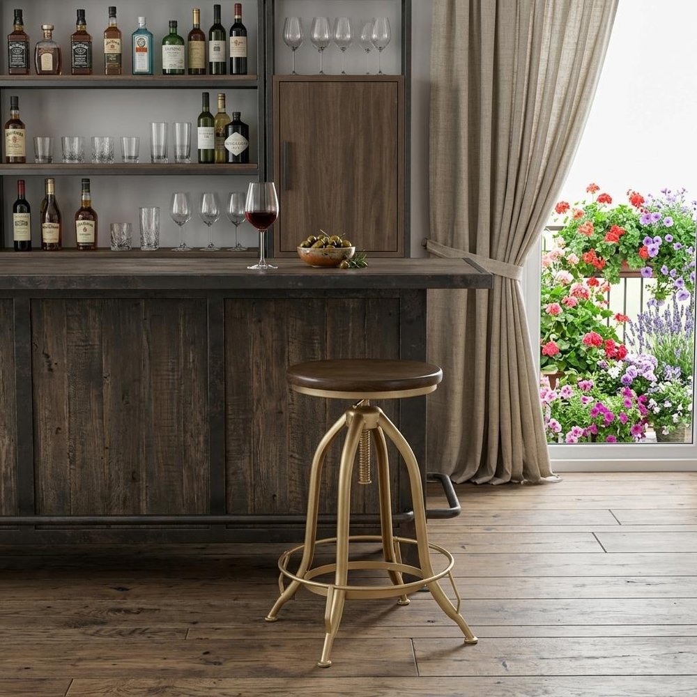Brown and Gold Steel Swivel Backless Adjustable Height Bar Chair