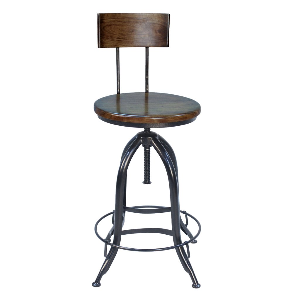 Chestnut and Black Steel Swivel Low Back Adjustable Height Bar Chair