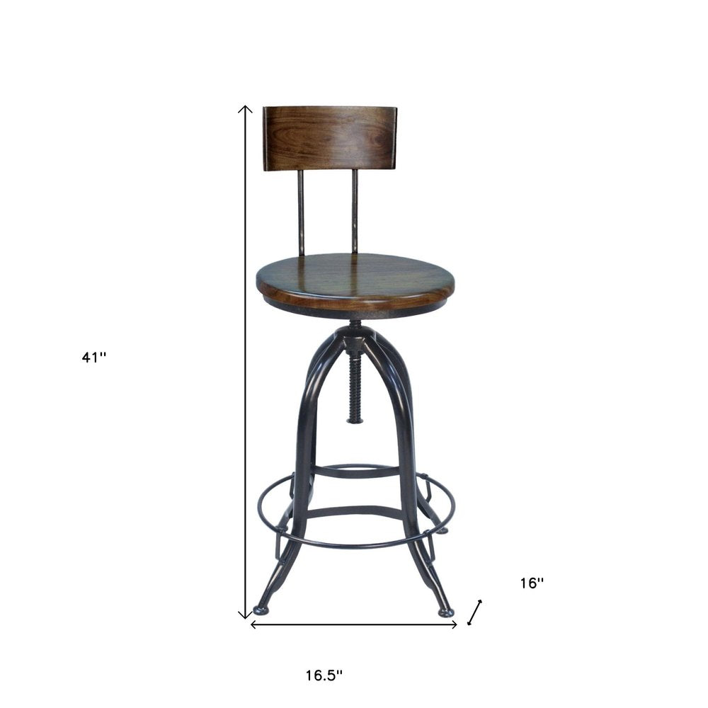 Chestnut and Black Steel Swivel Low Back Adjustable Height Bar Chair