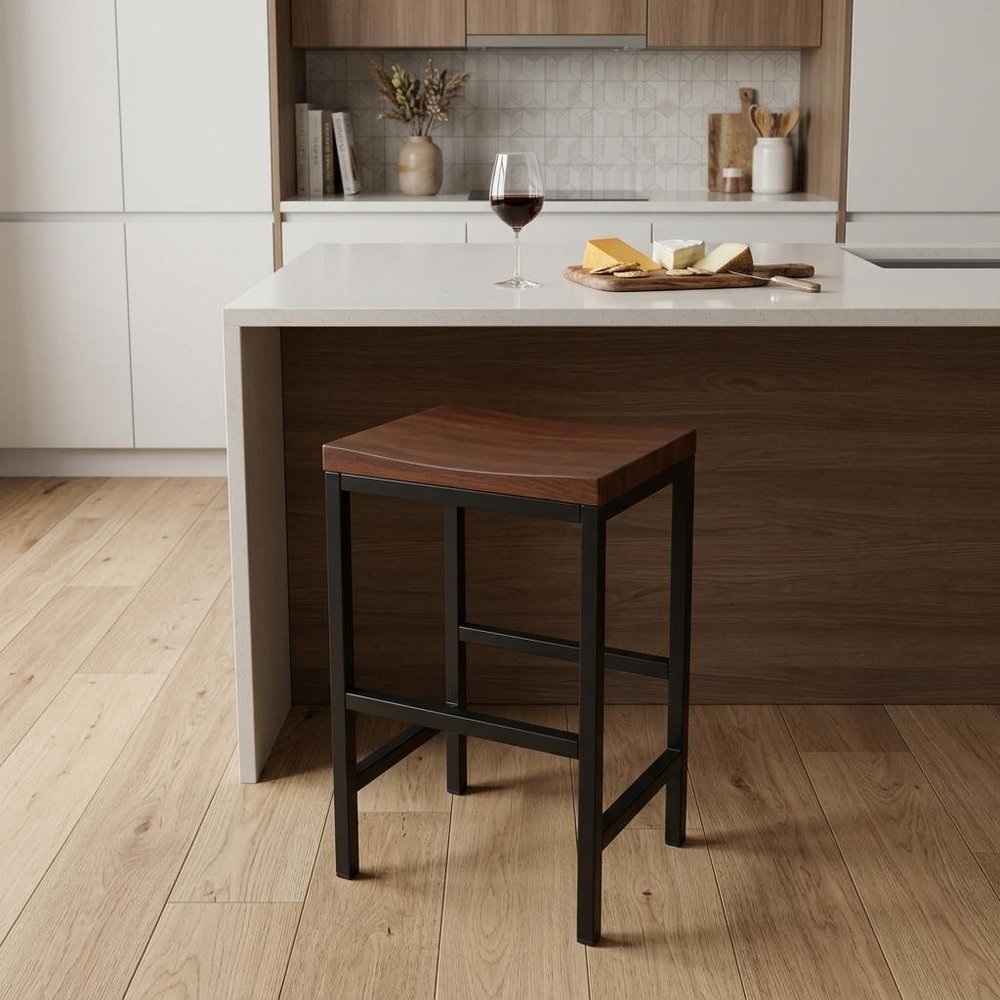 Chestnut and Black Steel Backless Counter Height Bar Chair - 24-inch