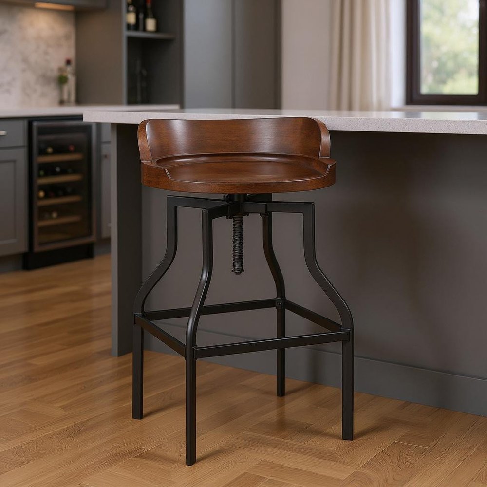 Chestnut and Black Steel Swivel Backless Adjustable Height Bar Chair