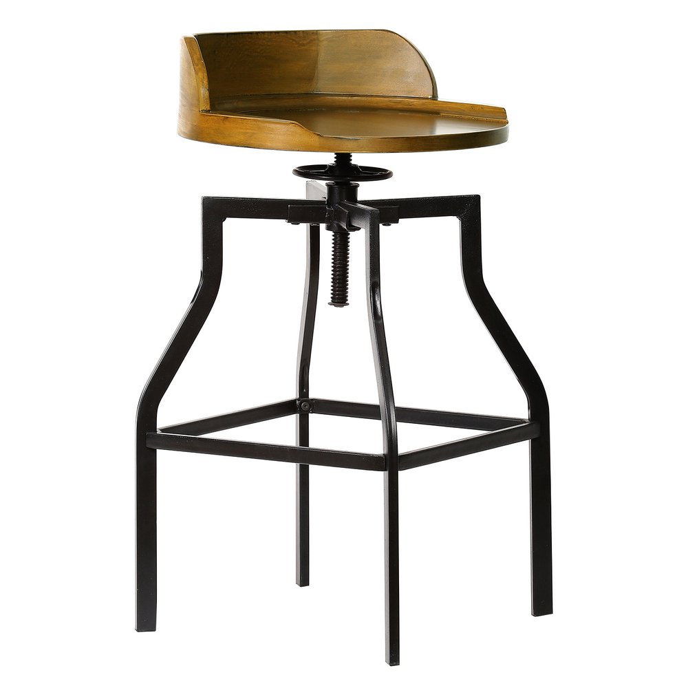 Chestnut and Black Steel Swivel Backless Adjustable Height Bar Chair