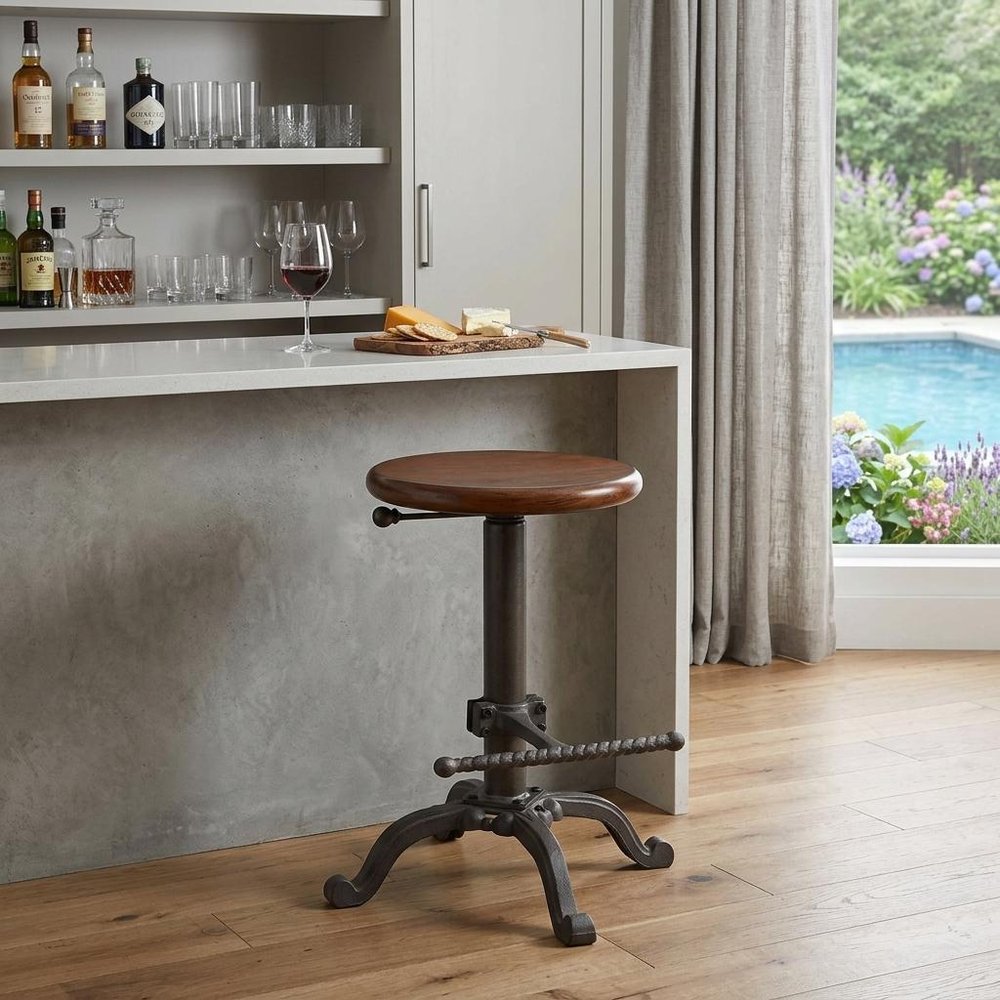 Chestnut and Gray Steel Swivel Backless Adjustable Height Bar Chair