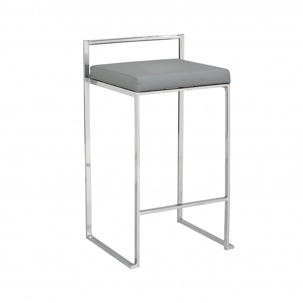 Gray and Silver Faux Leather and Solid Wood Backless Bar Height Bar Chair