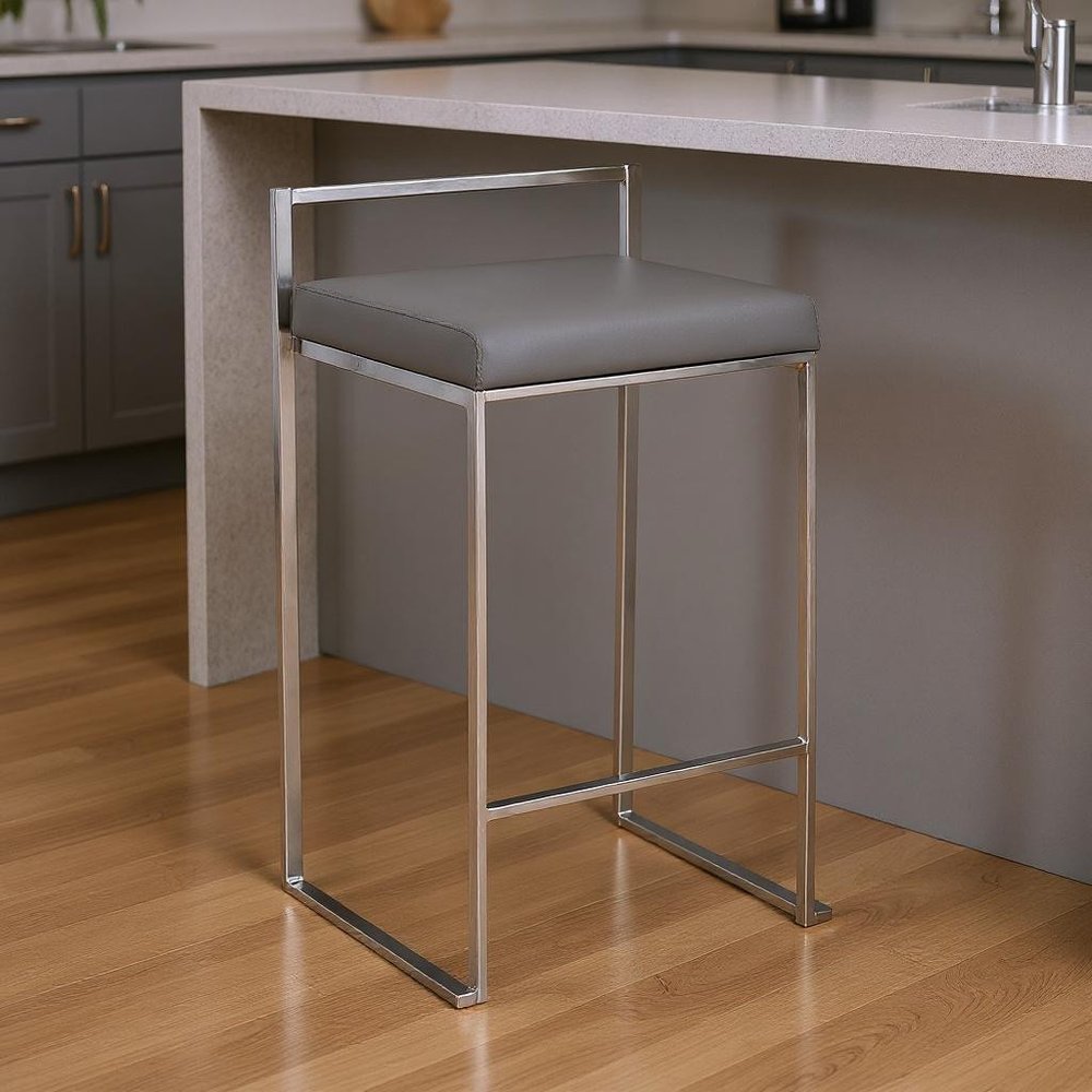 Gray and Silver Faux Leather and Solid Wood Backless Bar Height Bar Chair