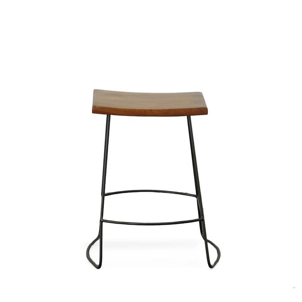 Set of Two 25 Chestnut and Black Solid Wood and Steel Backless Counter Height Bar Chairs
