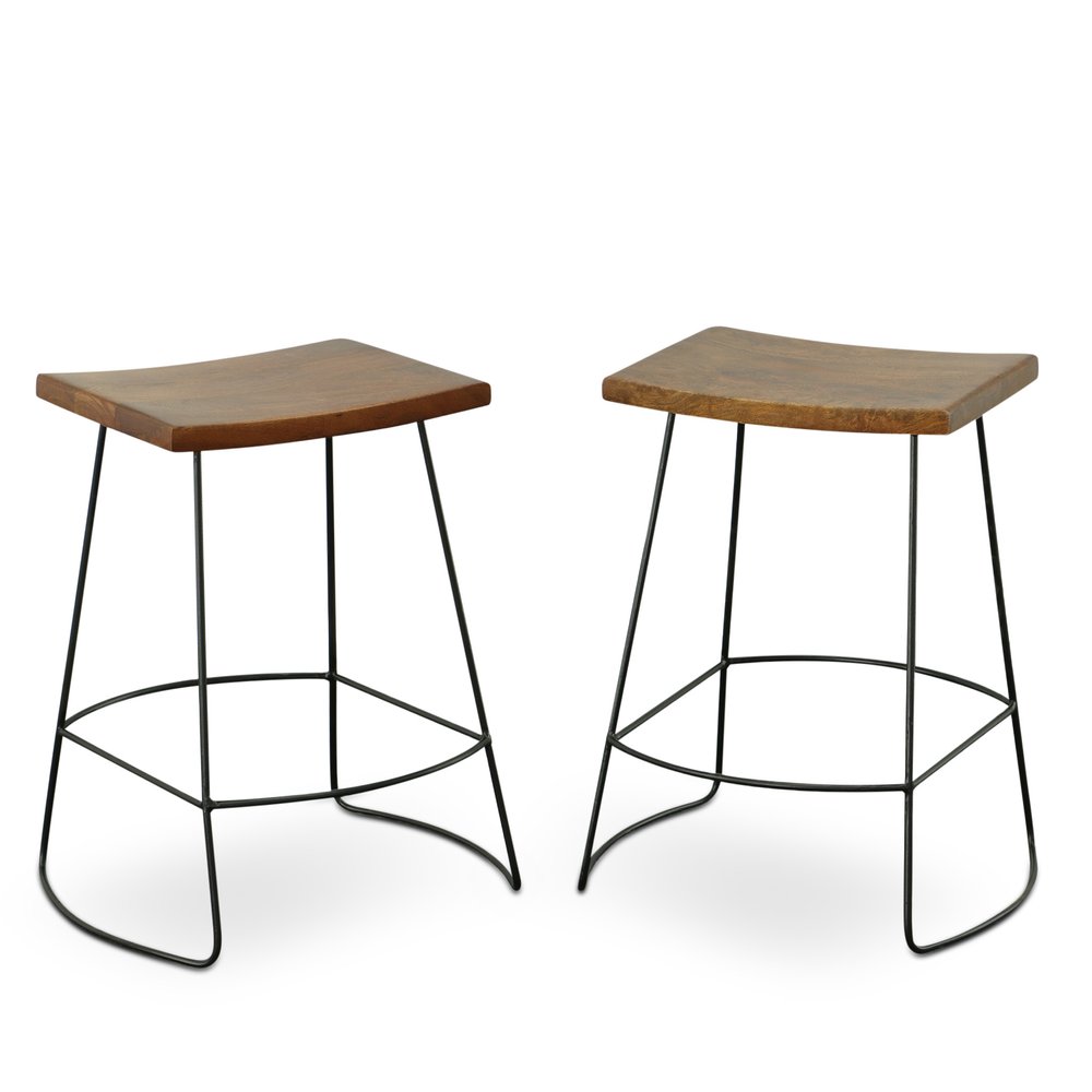 Set of Two 25 Chestnut and Black Solid Wood and Steel Backless Counter Height Bar Chairs