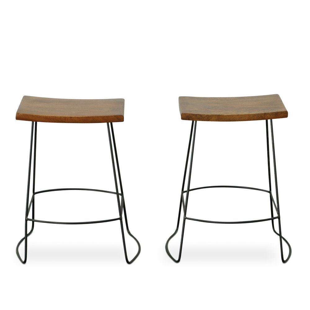Set of Two 25 Chestnut and Black Solid Wood and Steel Backless Counter Height Bar Chairs