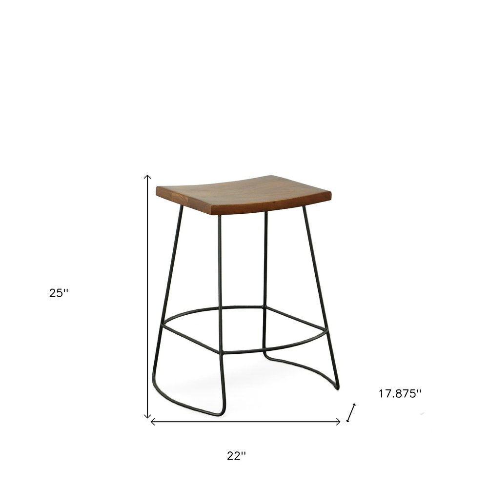 Set of Two 25 Chestnut and Black Solid Wood and Steel Backless Counter Height Bar Chairs
