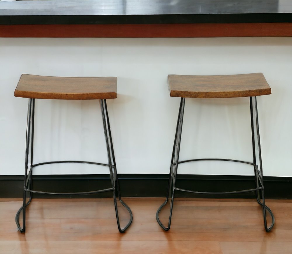 Set of Two 25 Chestnut and Black Solid Wood and Steel Backless Counter Height Bar Chairs