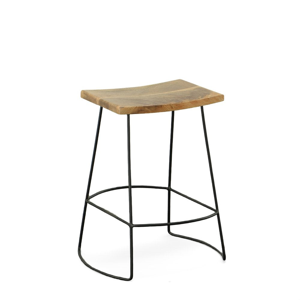 Set of Two 25 Natural and Black Solid Wood and Steel Backless Counter Height Bar Chairs