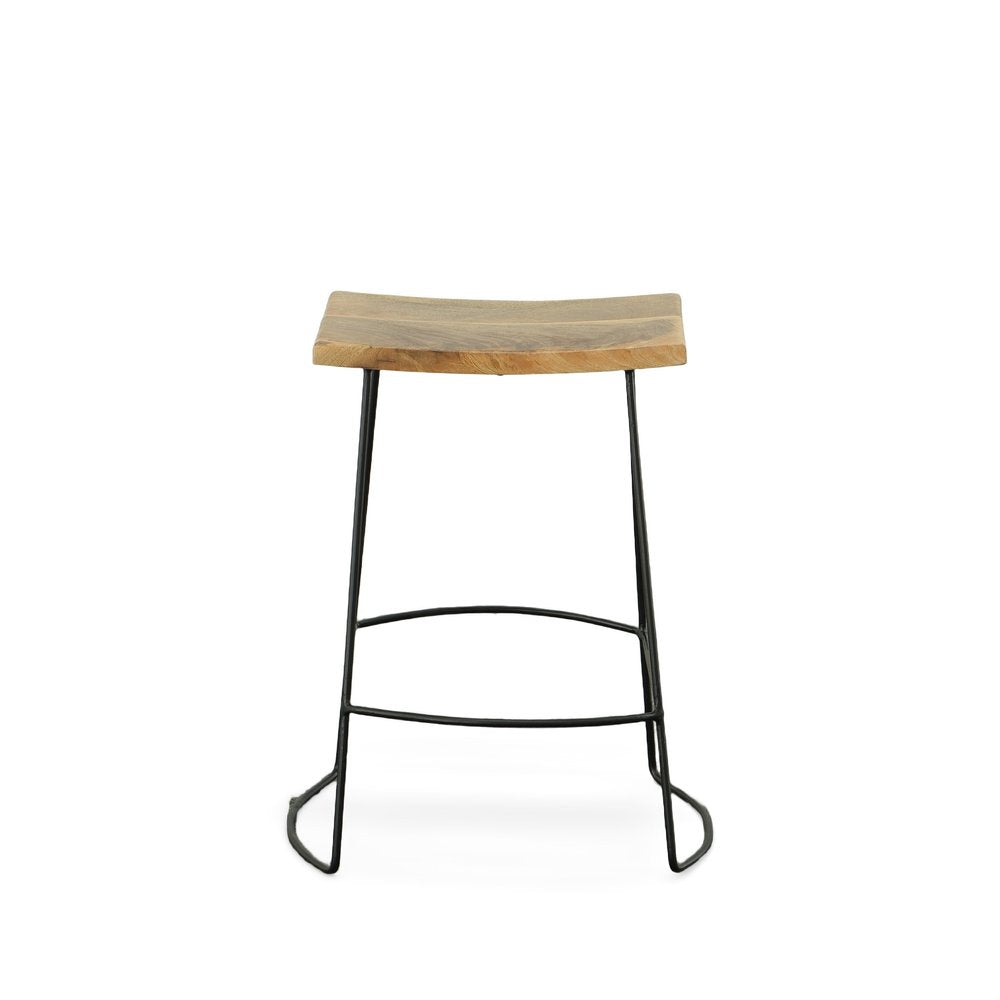 Set of Two 25 Natural and Black Solid Wood and Steel Backless Counter Height Bar Chairs